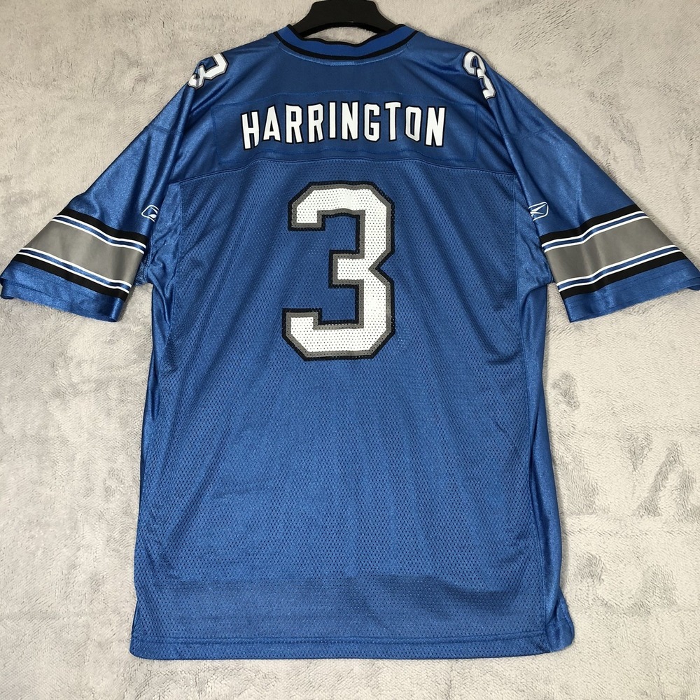 Reebok NFL Jersey Men's XL Blue White Joey‎ Harrington #3 Detroit Lions On Field